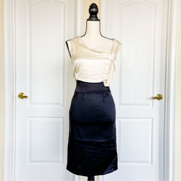 Antonio Melani 0 One Shoulder Cream White Black Contrast Silky Evening Dress - Picture 1 of 15